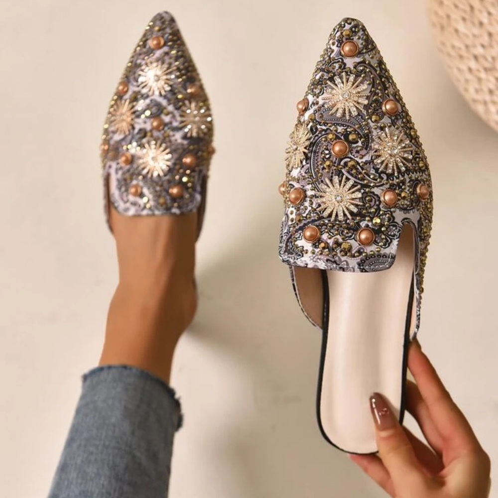 Embellished Pointed Toe Mules in Light Gray with Gold Accents